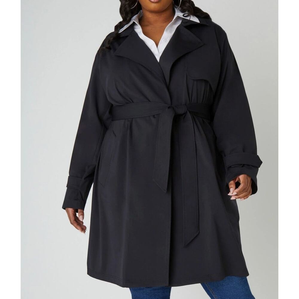 PLUS Size 22/24 3X | Women’s Black Stretch Twill Belted Trench Coat | NWT - Picture 3 of 6